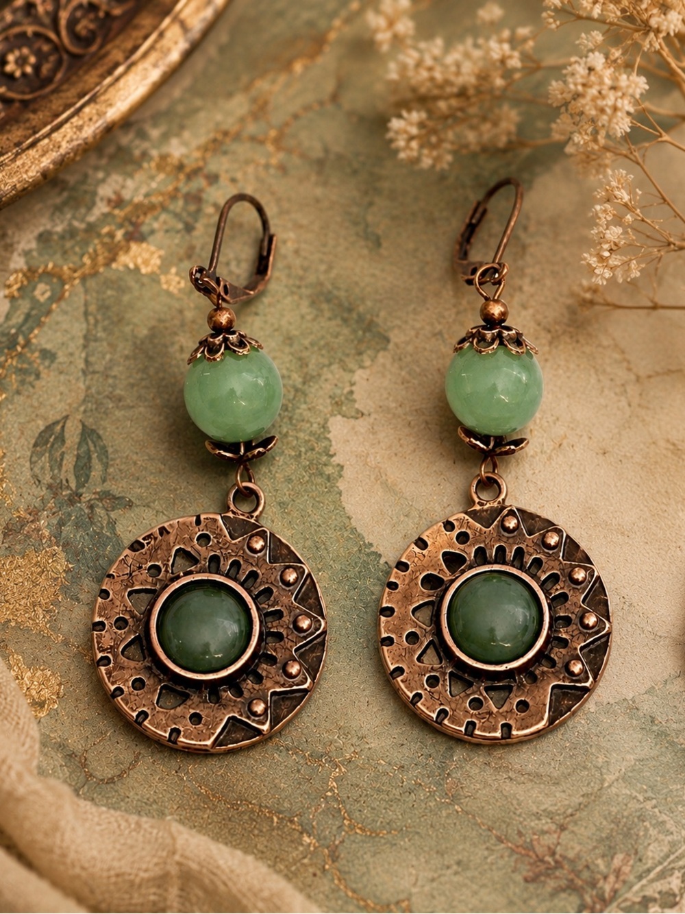 Green Cabochon Dangle Earrings, Antique Copper Boho Drops